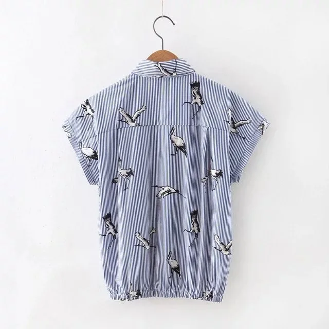 2017 New Fashion Women Vintage Birds Printing Striped Casual Loose Blouses Shirt Short Sleeve Office Wear Slim Blusas Tops S-L |