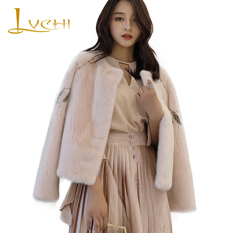

LVCHI Winter 2019 Rivet Zipper Mink Fur Coat Women's O-Neck Long Sleeve Pink Import Swan Velvet Causal Causal Fashion Mink Coats