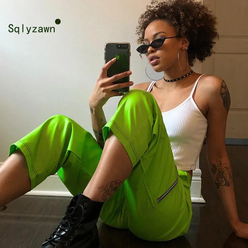 Женские свободные брюки карго с карманами на молнии неоново зеленые высокой