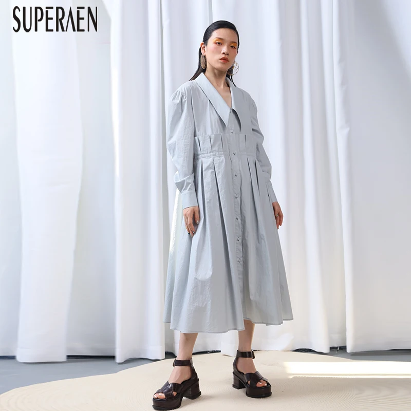 SuperAen модное женское платье-рубашка, однотонное хлопковое повседневное женское платье, лето и весна, новинка, Европейская Женская одежда