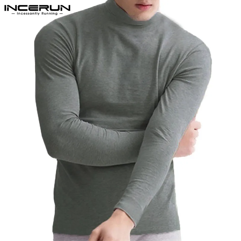 Dark Gray INCERUN/мужские футболки с длинными рукавами, облегающие, с высоким горлом, теплое термобелье, топы, модная футболка для мужчин, Camisetas Homber - Цвет: Dark Gray