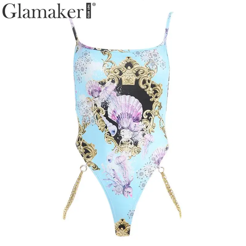 Glamaker цепи с низким вырезом на спине принт сексуальное боди Для женщин летом