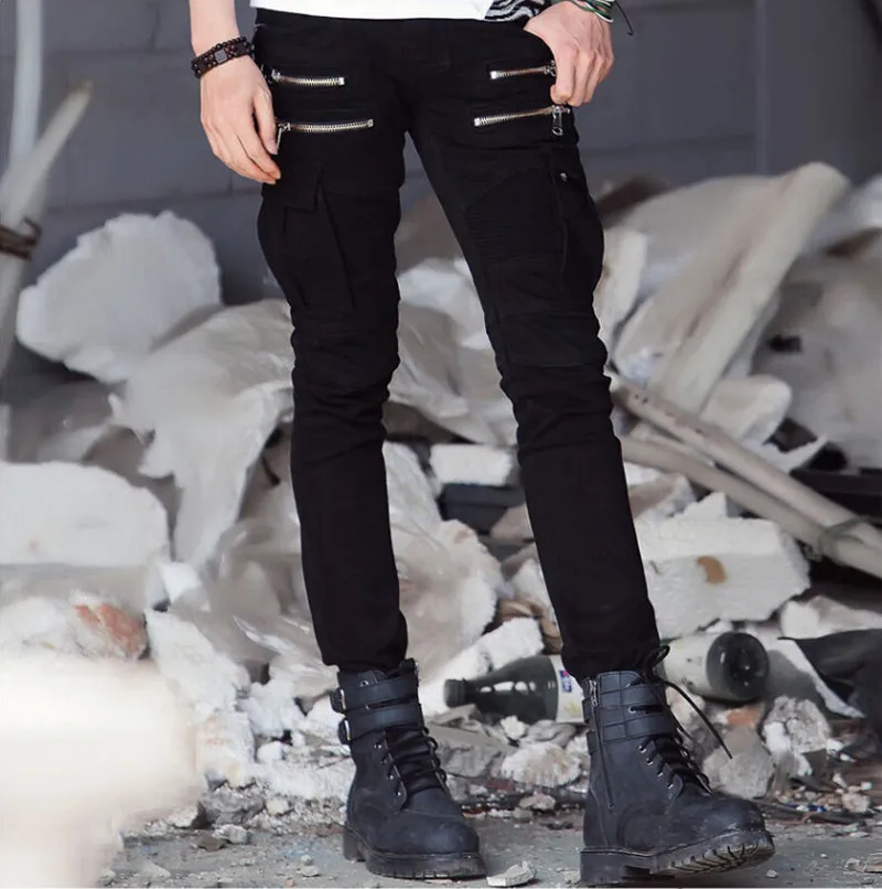 black Famous brand high quality luxury men jeans slim elastic pleated Pencil Pants pocket with side zip jeans men denim Biker jeans - Цвет: black