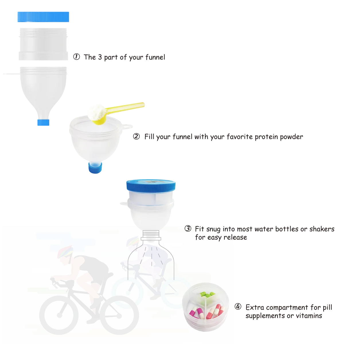 QuiFit Funnel Shaker Protein Powder Container Pillbox Funnel Protein Storage 2 Layers Multifunction 2 in 1 Box for Shaker Bottle