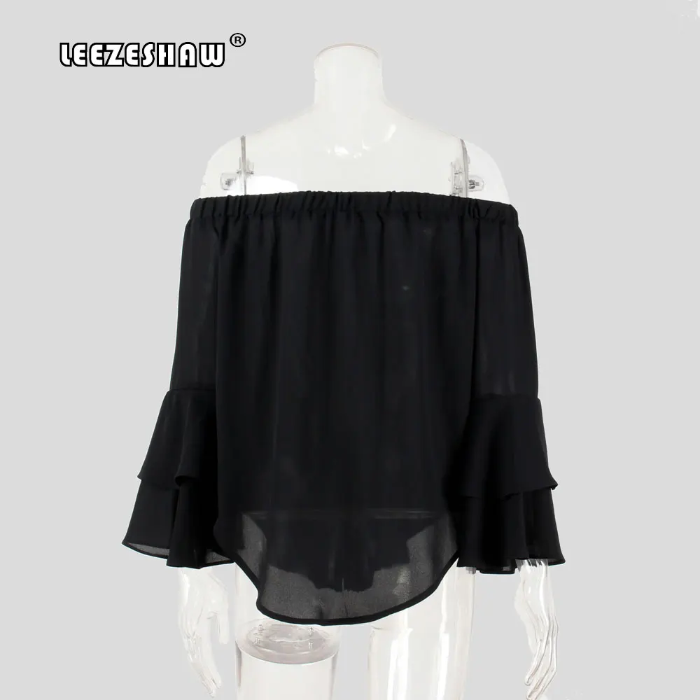 Leezeshaw 2018 Off Shoulder Petals Sleeve Chiffon Women Shirts Blouse Solid Long Tops Fashion Party Sexy Blouses Femme |