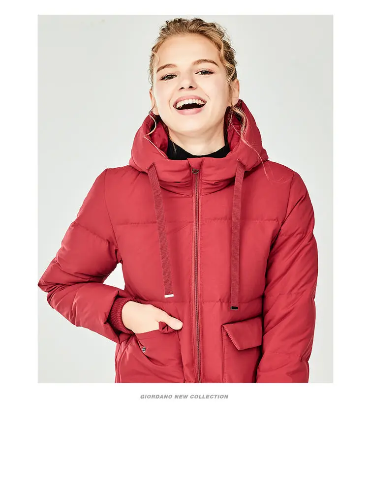 Giordano женский пуховик с длинным подолом и съемным капюшоном, Из натурального утиного пуха