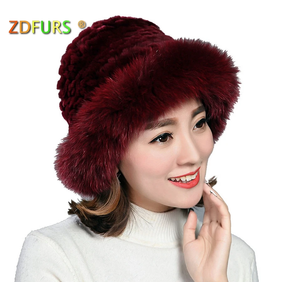 ZDFURS * для женщин шапки с мехом зимняя натуральная вязаные из меха кролика рекс