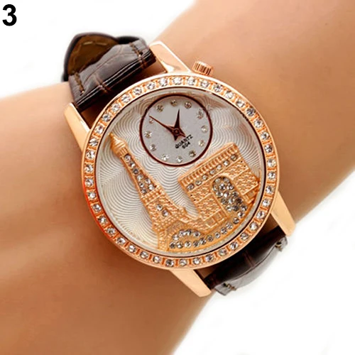 Hot Sales Women Fashion Eiffel Tower Crystal Dial Faux Leather Band Quartz Wrist Dress Watch 01V1 2VY8 | Наручные часы