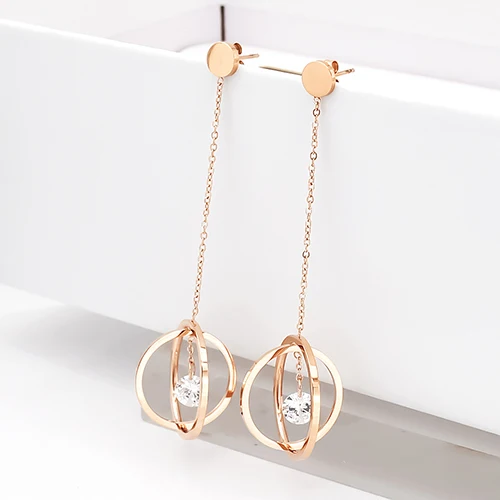 Crystal Style Розовое Золото Длинная цепочка круглые серьги Модные женские римские серьги цифры серьги из нержавеющей стали для женщин - Окраска металла: Crystal Style
