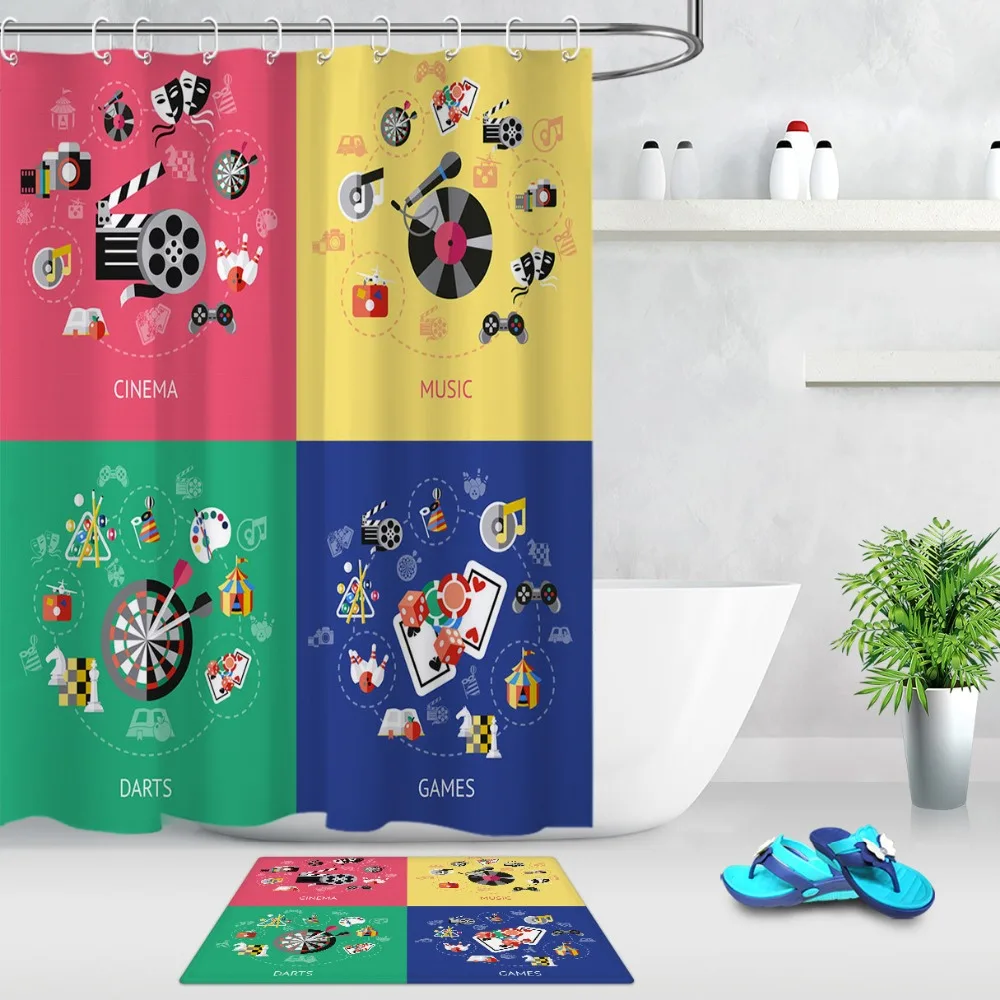 LB Green Dart Pink Cinema Yellow Music Blue Game Shower Curtain Bathroom Mat Waterproof Polyester Fabric for Bathtub Home Decor | Дом и сад