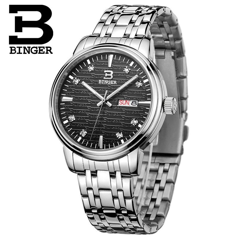 Роскошные мужские кварцевые часы бингера полностью стальные золотые с кожаным