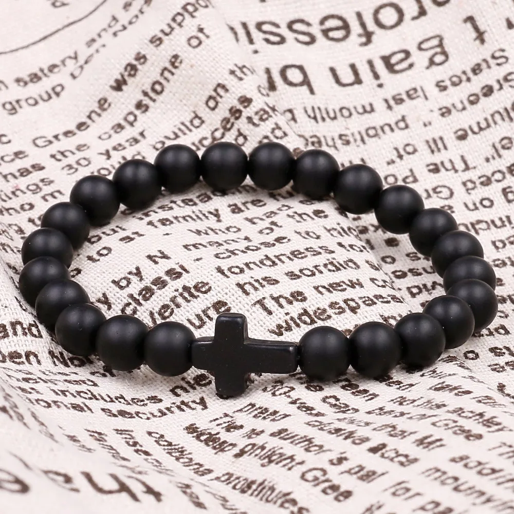 Мужские и женские матовые бусины с крестиком 8 мм натуральный черный камень