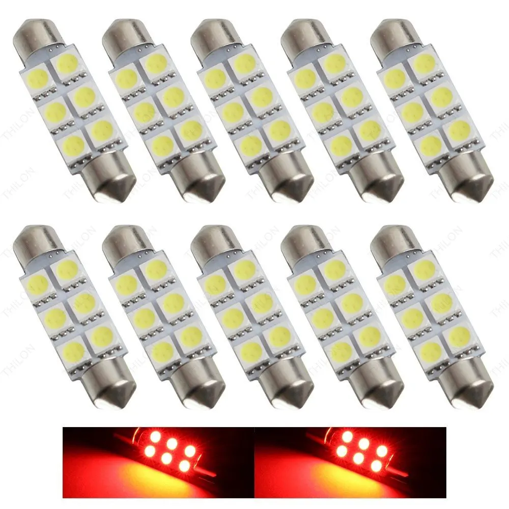 Набор 10 Azul/Branco/Vermelho Lampada Torpedo 6 светодиодов Smd 5050 Luz De Teto/placa 36 мм 39 41 42 | Автомобили и