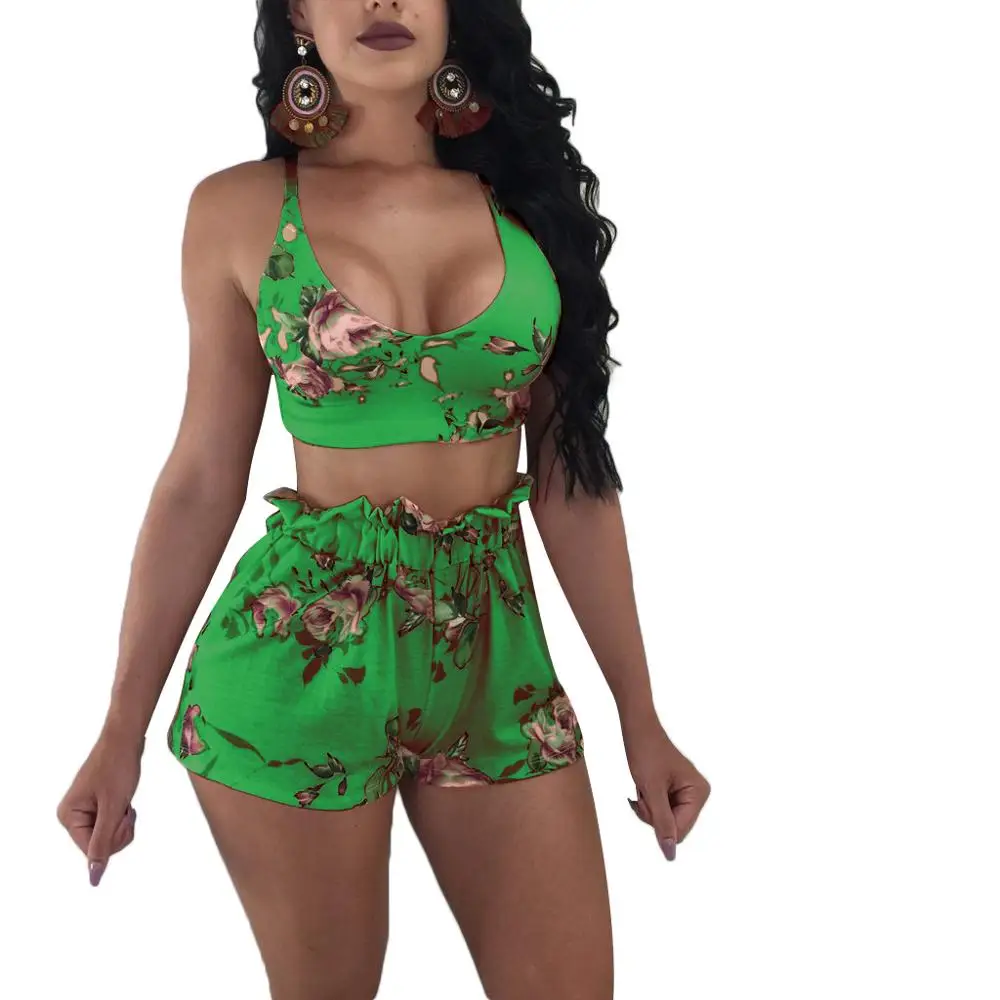 

2019 Women Floral Printed Two Pieces Sets Camis Crops Tops And Shorts High Waist Pants Summer Slim Casual Beach Suit 2 Piece Set