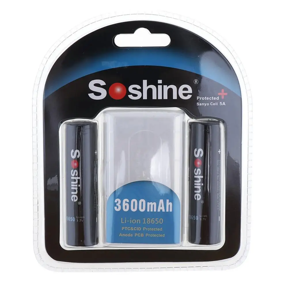 2шт Soshine 3 7 V 3600mAh Большая емкость 18650 литий ионная аккумуляторная батарея с