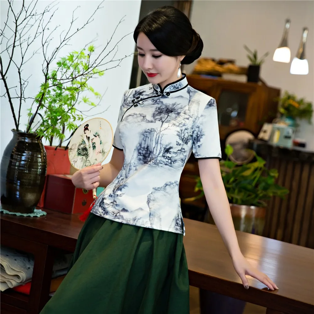 Шанхай история Традиционный китайский топ с коротким рукавом цветочный cheongsam Топ