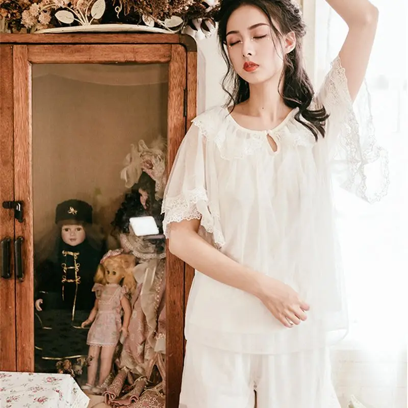 Лето Ночное шорты пижамный комплект белые кружевные топы сна Горячая Пант