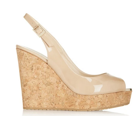 Women Summer Brand JC Sandals Nude Prova Patent-leather Wedge Sandals Peep  Toe Slingback Strap Cork Wedge Heel Beige Sandalias - купить по выгодной  цене | AliExpress