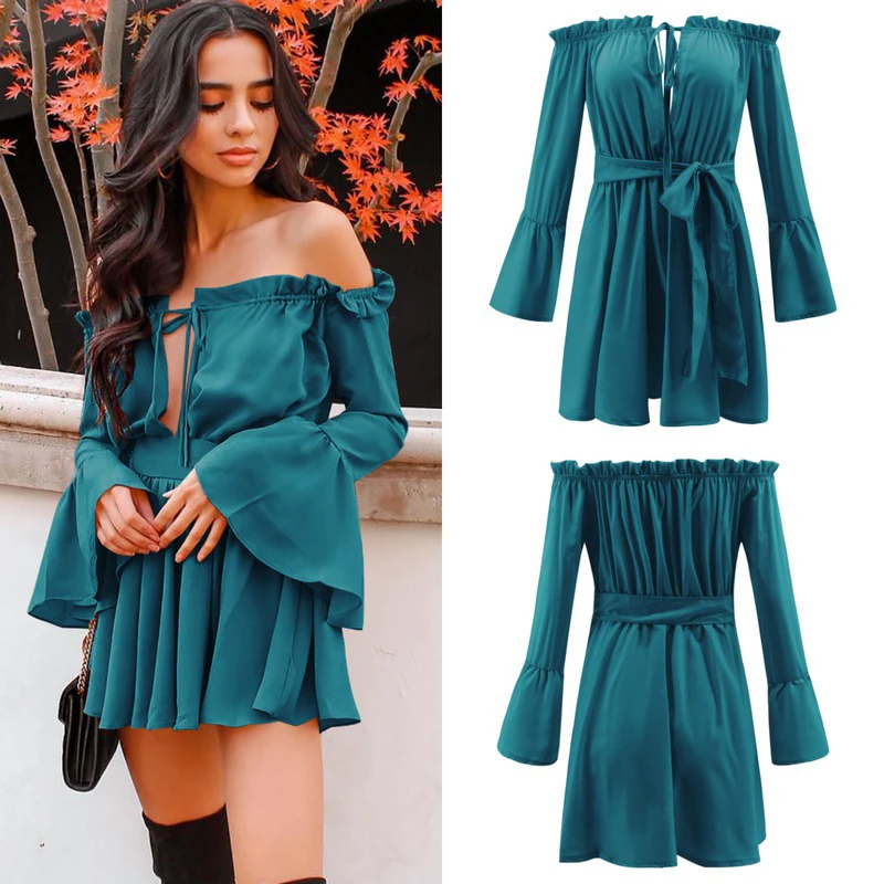 Boho шифоновое пляжное Летнее мини-платье с рюшами рукавами-колокольчиками и
