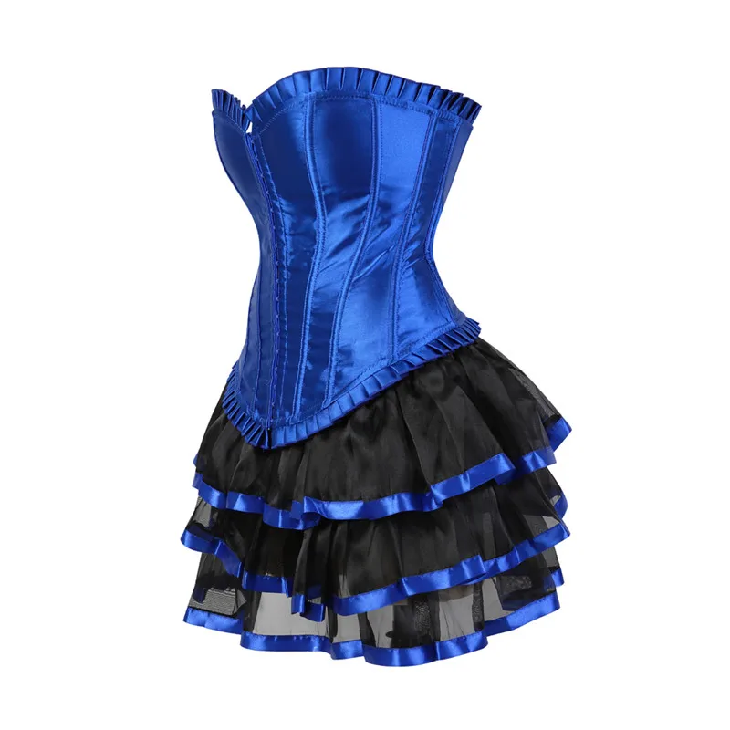 Комплект женского нижнего белья из корсета и юбки синего цвета в викторианском