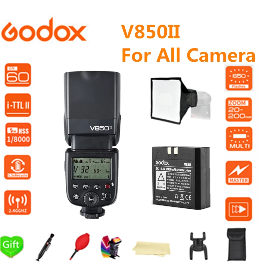 Вспышка Godox V850II со сменным литий ионным аккумулятором для камеры Speedlite Canon Nikon Sony