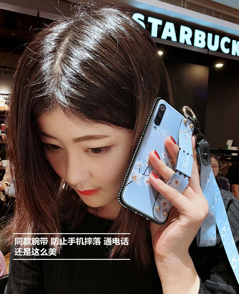 For Xiaomi Mi 9 Case Soft Fashion With wristband diamond Flowers Protective Back Cover for xiaomi mi9 phone shell |
