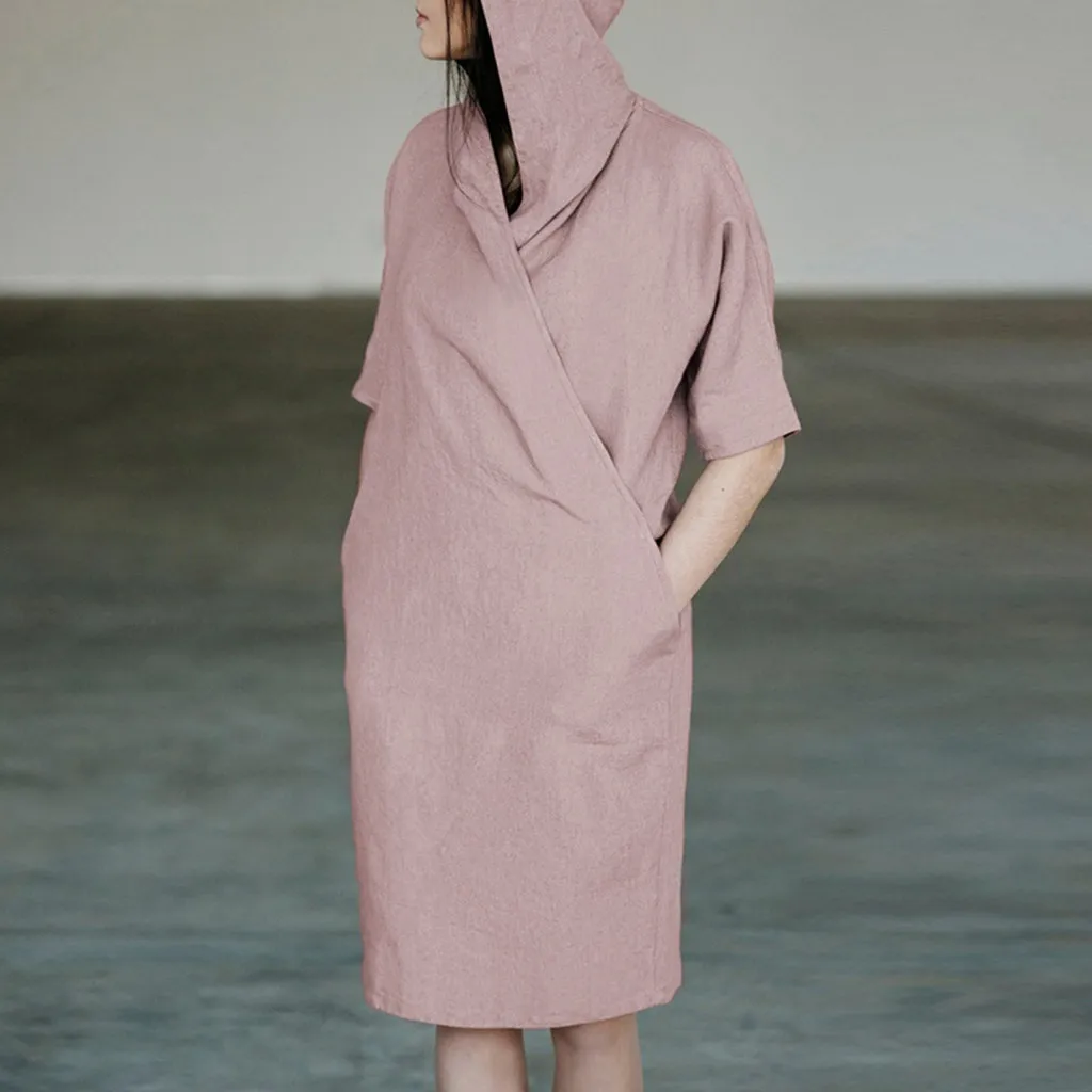 Летнее женское платье 2019 с коротким рукавом из хлопка и льна капюшоном свободные