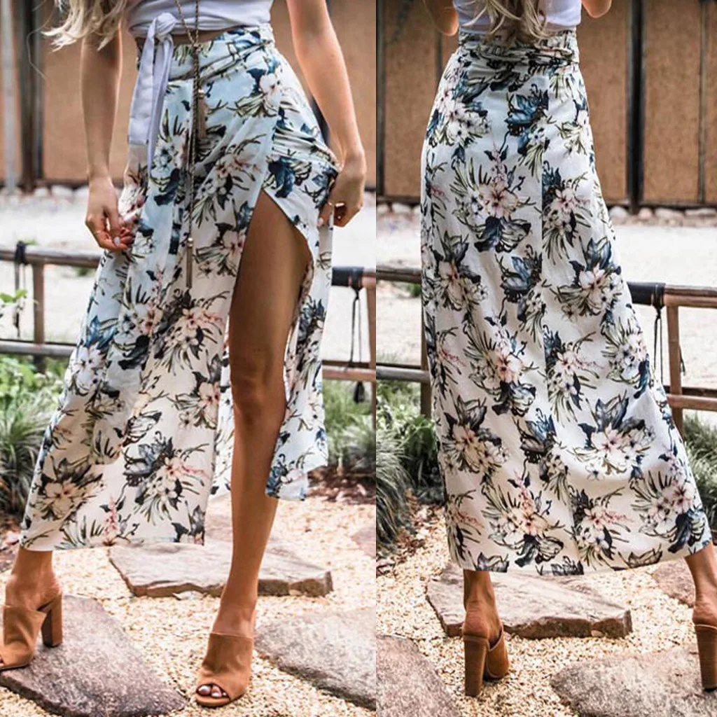 Женская летняя сексуальная юбка с разрезом и цветочным принтом элегантная