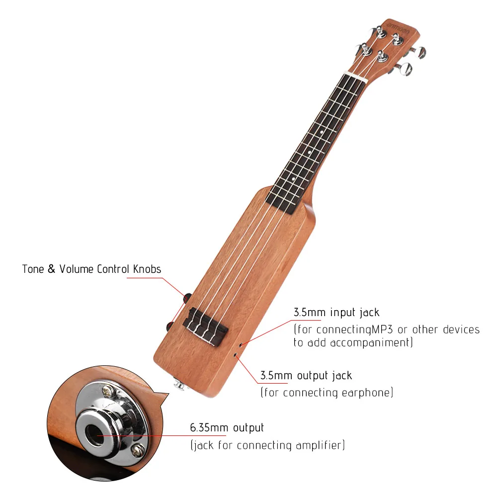 

ammoon Ukulele 21" Solid Wood Okoume Electric Ukulele with 3.5mm & 6.35mm Outputs Carrying Bag 4pcs Extra Guitar Strings