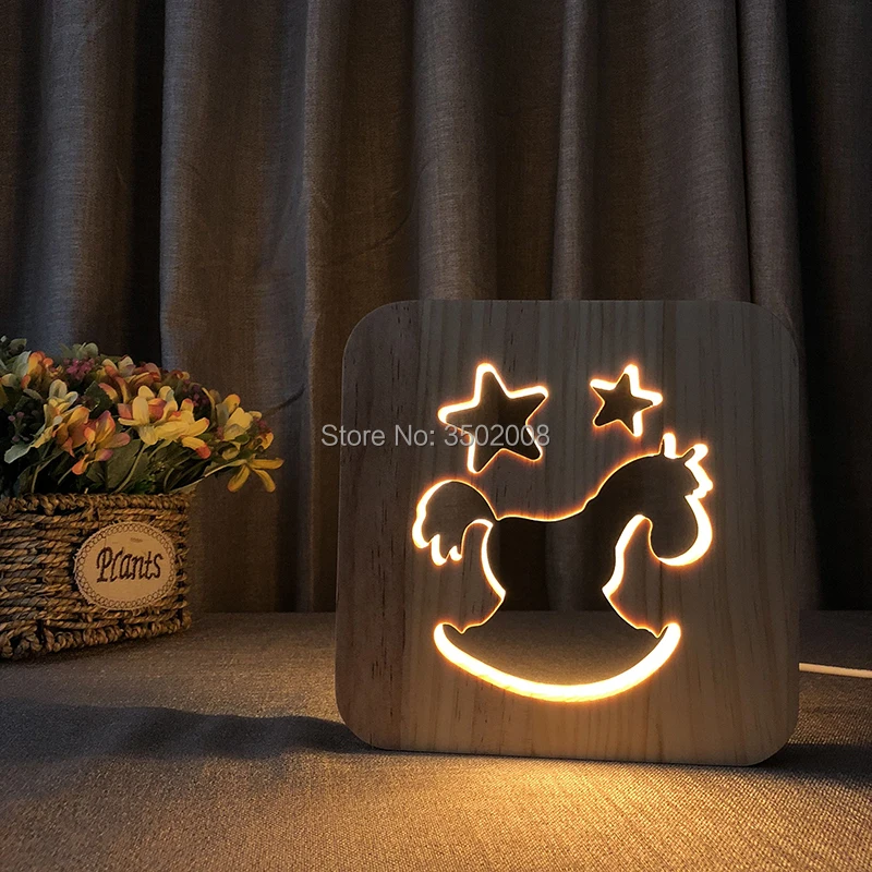 Троян полый дизайн деревянная Ночная лампа Теплый Белый LED USB для творческого