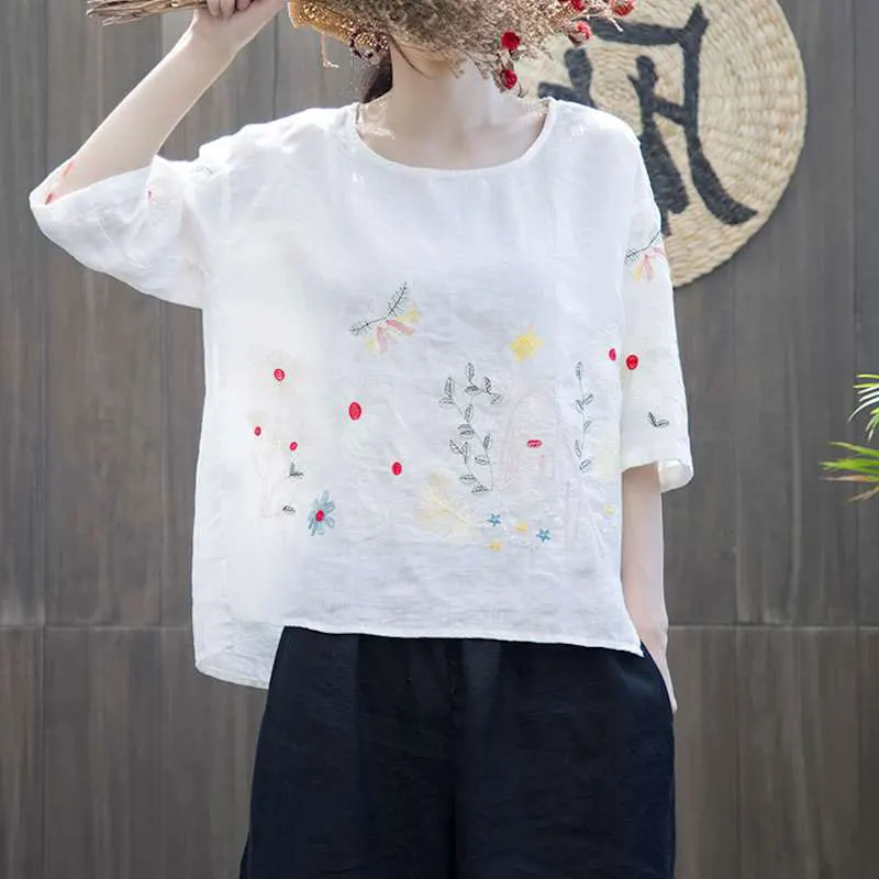 F&ampje New Summer Women Tshirt Plus Size Flower Embroidery Vintage Cotton Linen Tee Shirt Femme Short Sleeve O-neck Tops Big HXJ14 | Женская