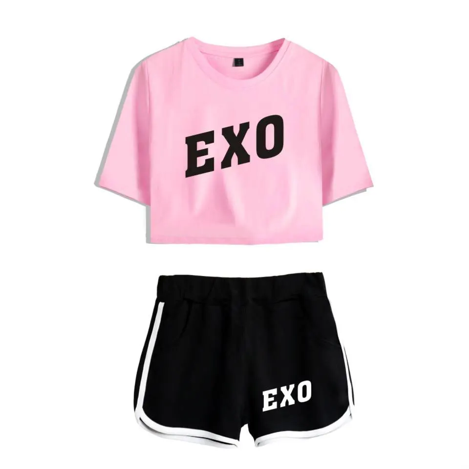 Женский спортивный костюм Kpop Exo женский короткий топ шорты и брюки летний