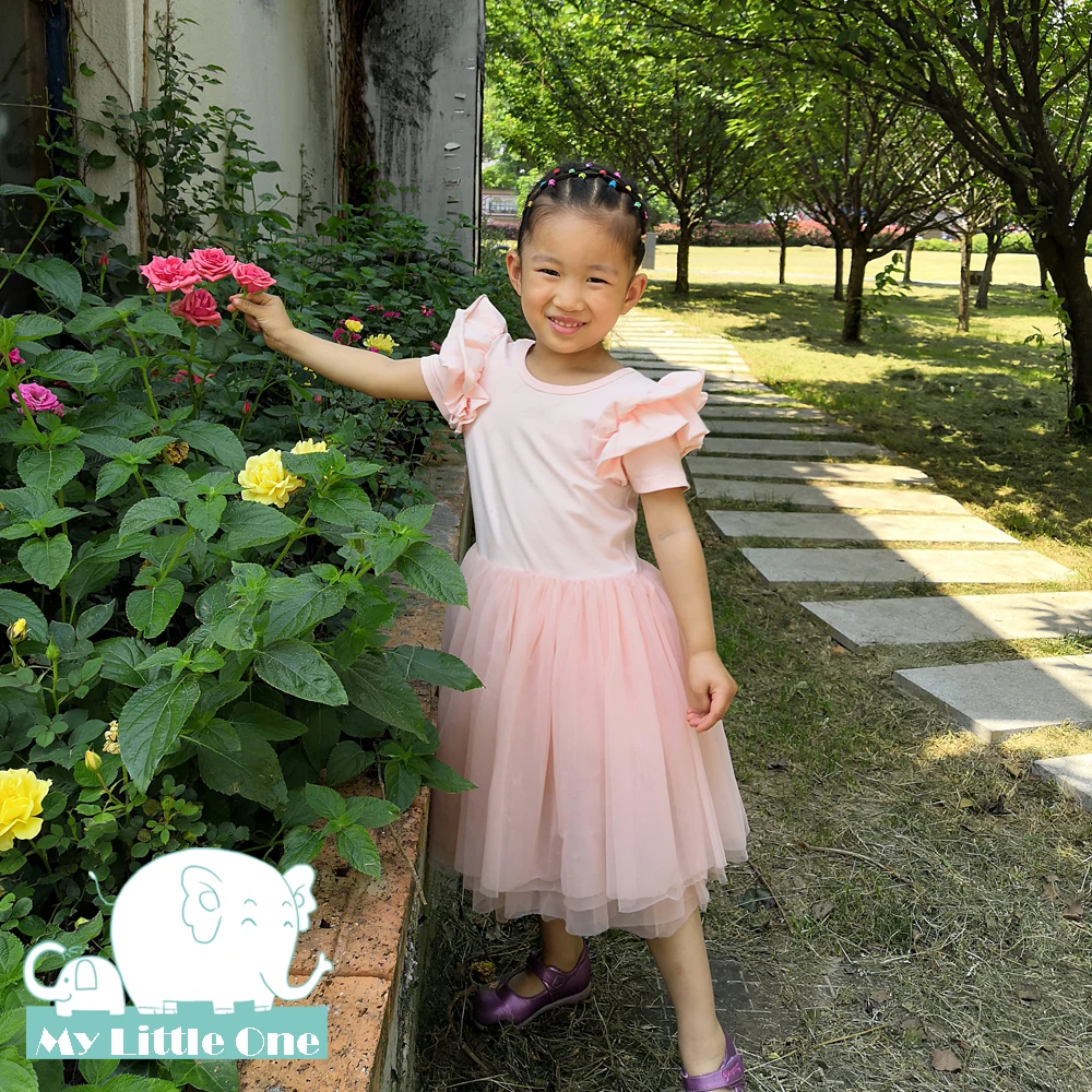 MyLittleOne трикотажное Хлопковое платье с коротким рукавом и дизайном сзади из тюля |