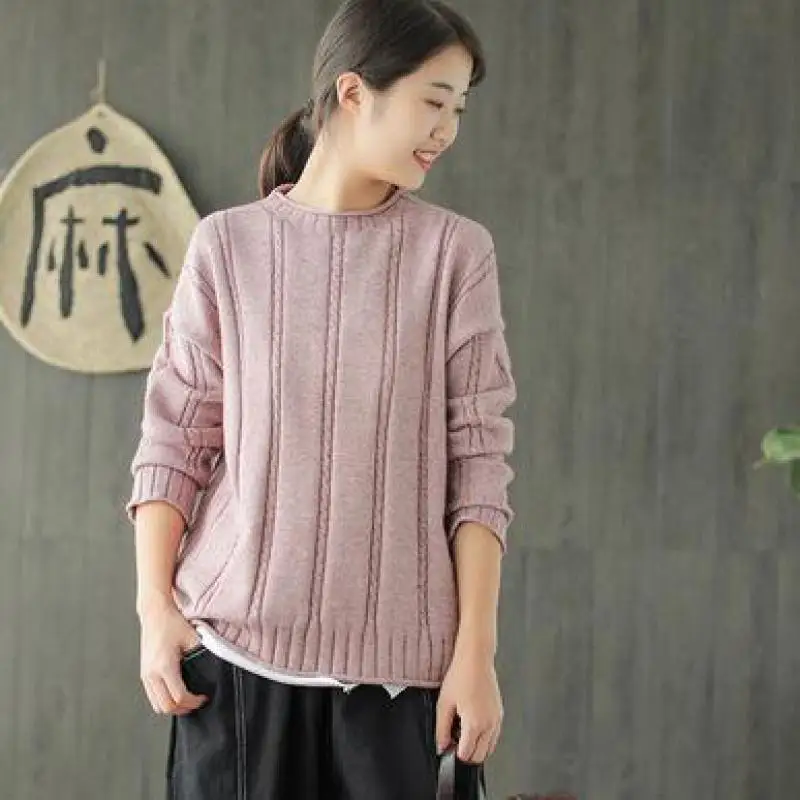 Johnature Casual Pullovers Full Sleeve O-neck Solid Color Sweater 2020 New Autumn/Winter Clothes Loose Knitting Women Sweaters | Женская