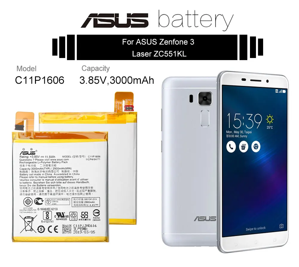 ASUS сменный аккумулятор для телефона C11P1606 3000 мАч для Asus ZenFone 3 Laser ZC551FL Z01BDA/BDC 5," Бесплатные инструменты