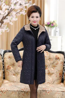 Navy blue Women Parkas Thick Jacket Winter Coat Long Middle-aged Hooded Warm Cotton Outwear Plus Size 4XL Elderly Mom Padded Velvet Coats - Цвет: Navy blue