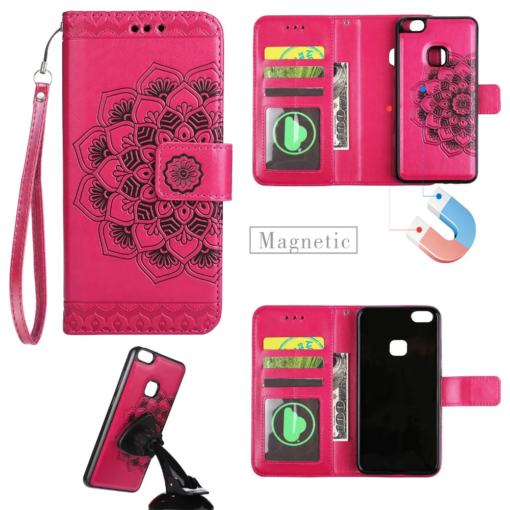 100PCS 2017 Detachable Photoframe Embossed Mandala Flower PU Leather Wallet Case Capa for Huawei P10 Lite P8 | Мобильные телефоны и