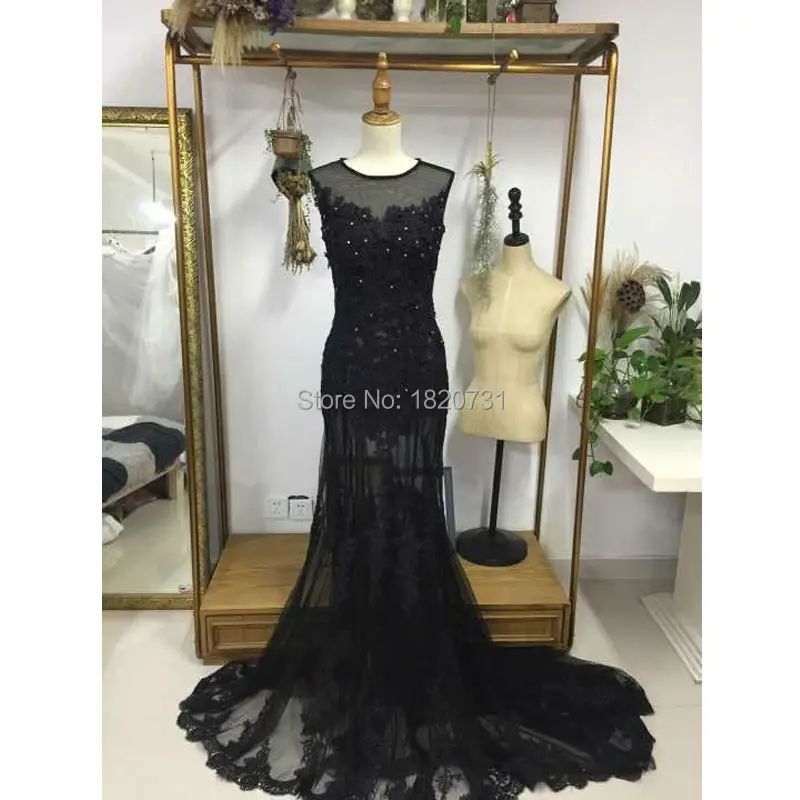 

Женское вечернее платье с юбкой годе, черное кружевное платье с аппликацией из бисера, прозрачное платье для выпускного вечера, 2020