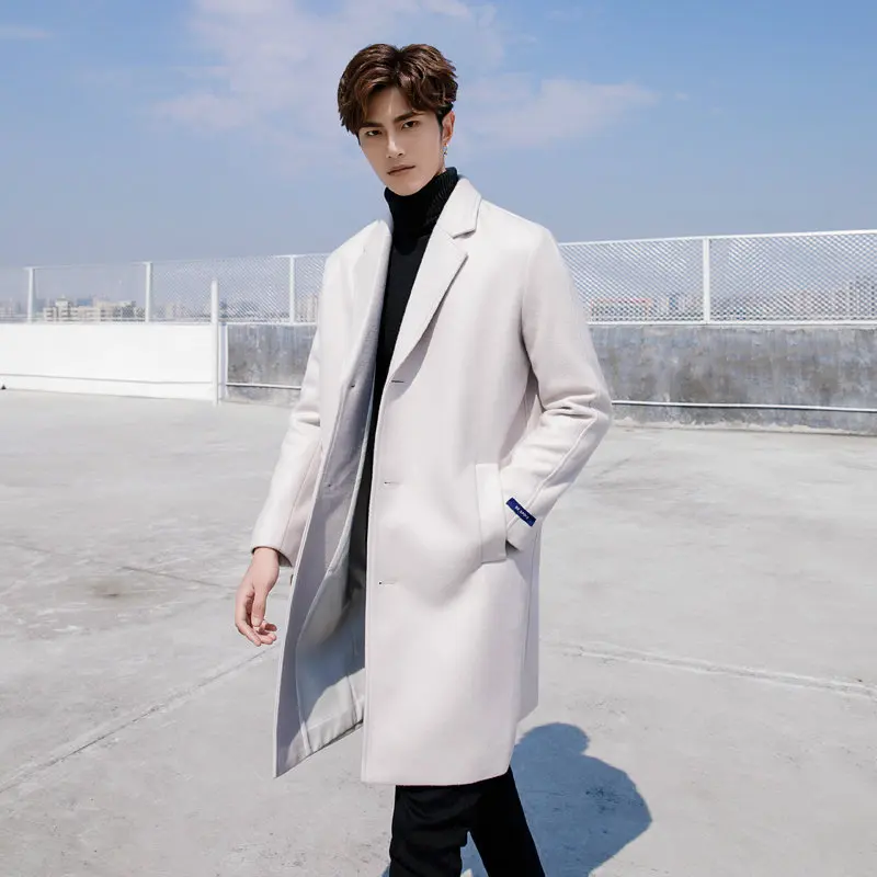 

Koean Style Casual Long Woolen Coats Men New Solid Single Breasted Wool Outerwear Autumn Winter Blends Mens Windbreaker DS50824