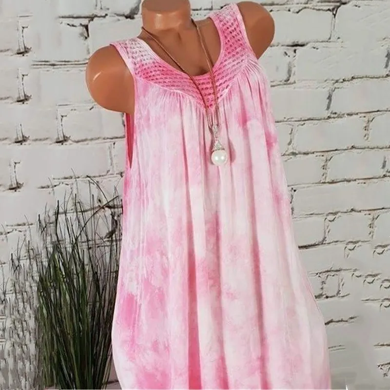 Летнее платье 2019 женское с круглым вырезом без рукавов принтом повседневное