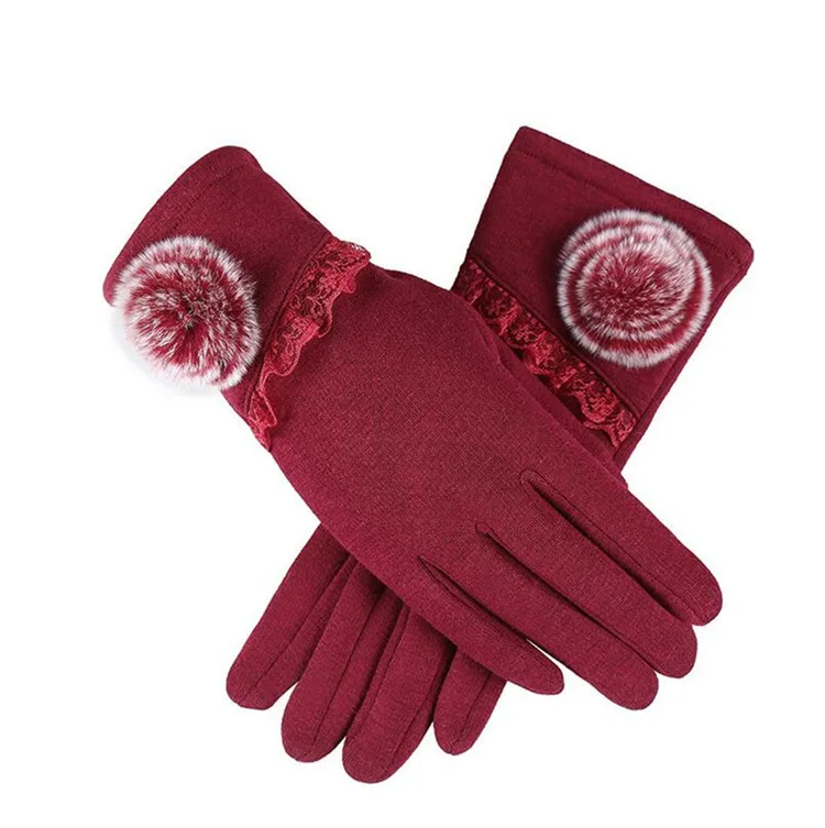 G040 013E Red YRRETY, кружевные, с бантом-бабочкой, женские, новые, зима-осень, теплые, из искусственного кроличьего меха, шерстяные перчатки, женские, для девушек, перчатки, аксессуары рукавички - Цвет: G040 013E Red