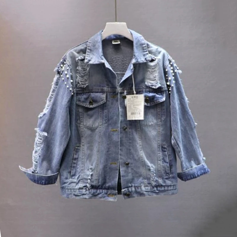 Женская джинсовая куртка с жемчужными бусинами винтажная Свободная в Корейском