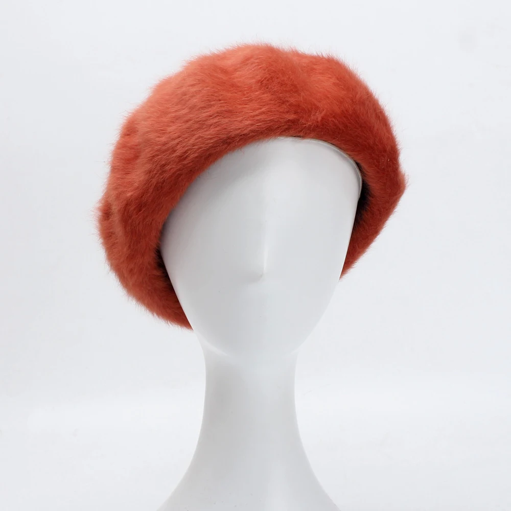 Женский берет с кроличьим мехом ROSELUOSI однотонный теплый вязаный на осень и зиму |