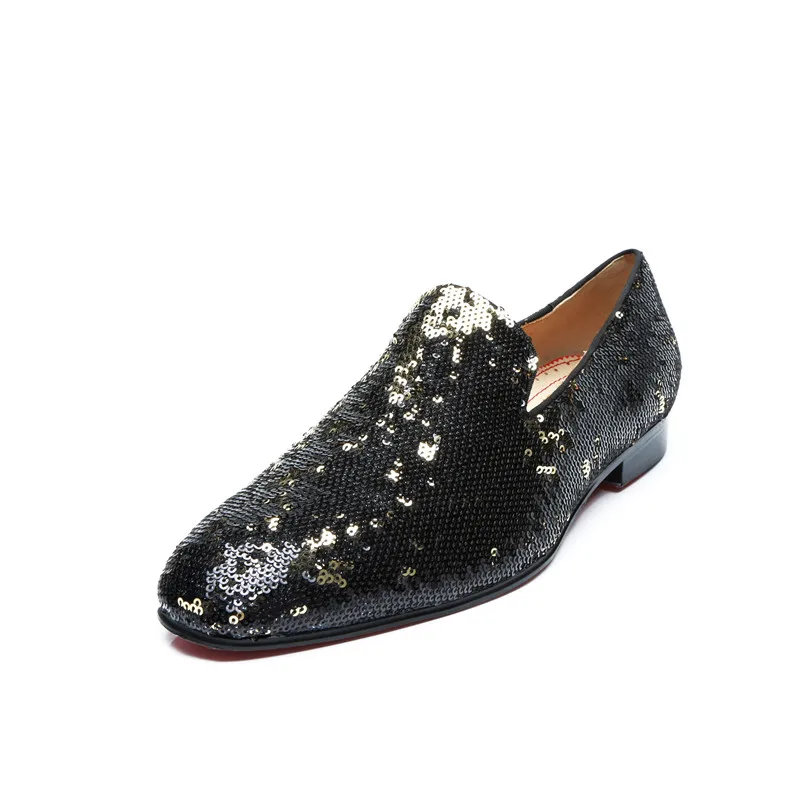 Туфли SHOOEGLE мужские с блестками черные кожаные мокасины без застежки для курения