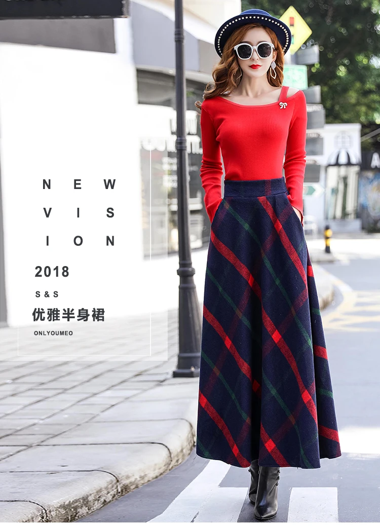 Юбки с высокой талией, популярные женские осенне-зимние элегантные офисные длинные юбки с карманами и эластичной резинкой на талии, серые и Красные Теплые юбки в клетку, Длинные 9125