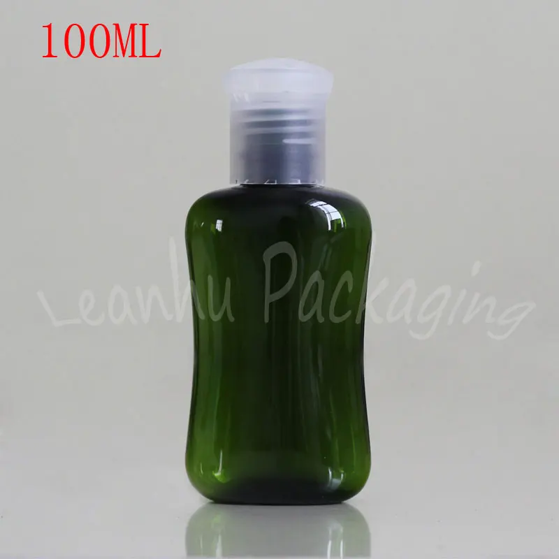 

100ML Green Flat Plastic Bottle , 100CC Cleansing / Hand Cream / Lotion Packaging Bottle , Empty Cosmetic Container