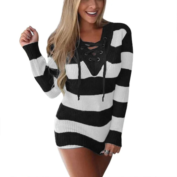 V Neck Lace Up Womens Sweater 2018 Winter Knitted Women Long Sleeve Jumper Pull Femme Christmas | Женская одежда