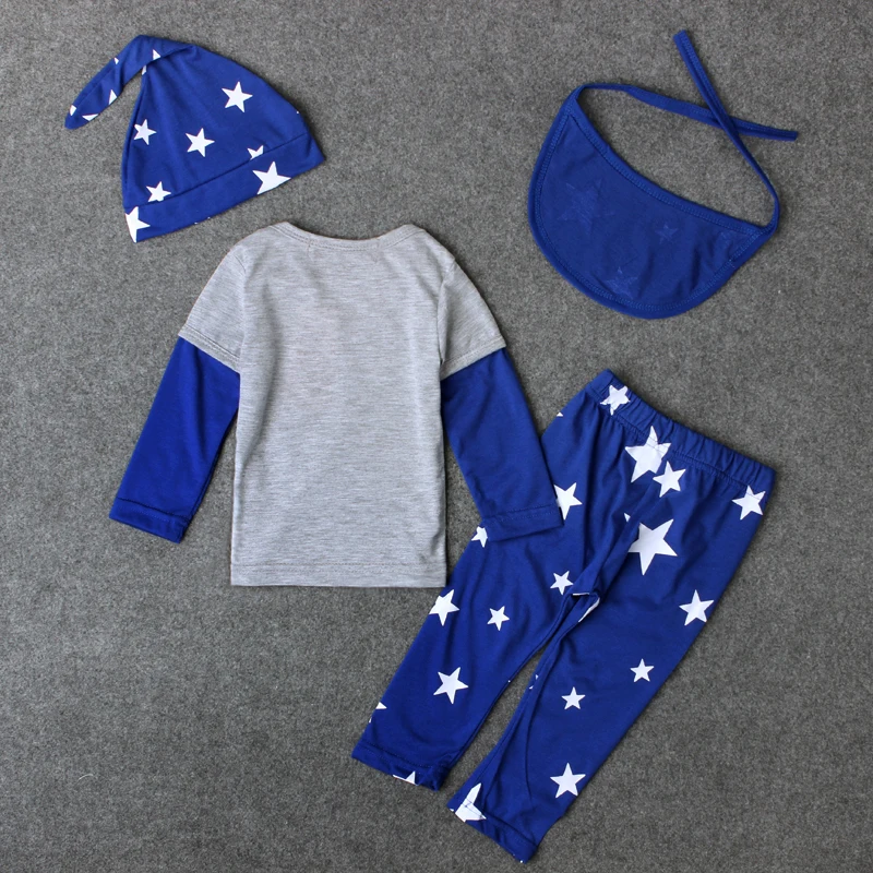 2016 Spring Autumn baby boy clothes casual 4pcs (Hat+Bib+ T-shirt+pants) The stars leisure boys clothing sets DS26 |