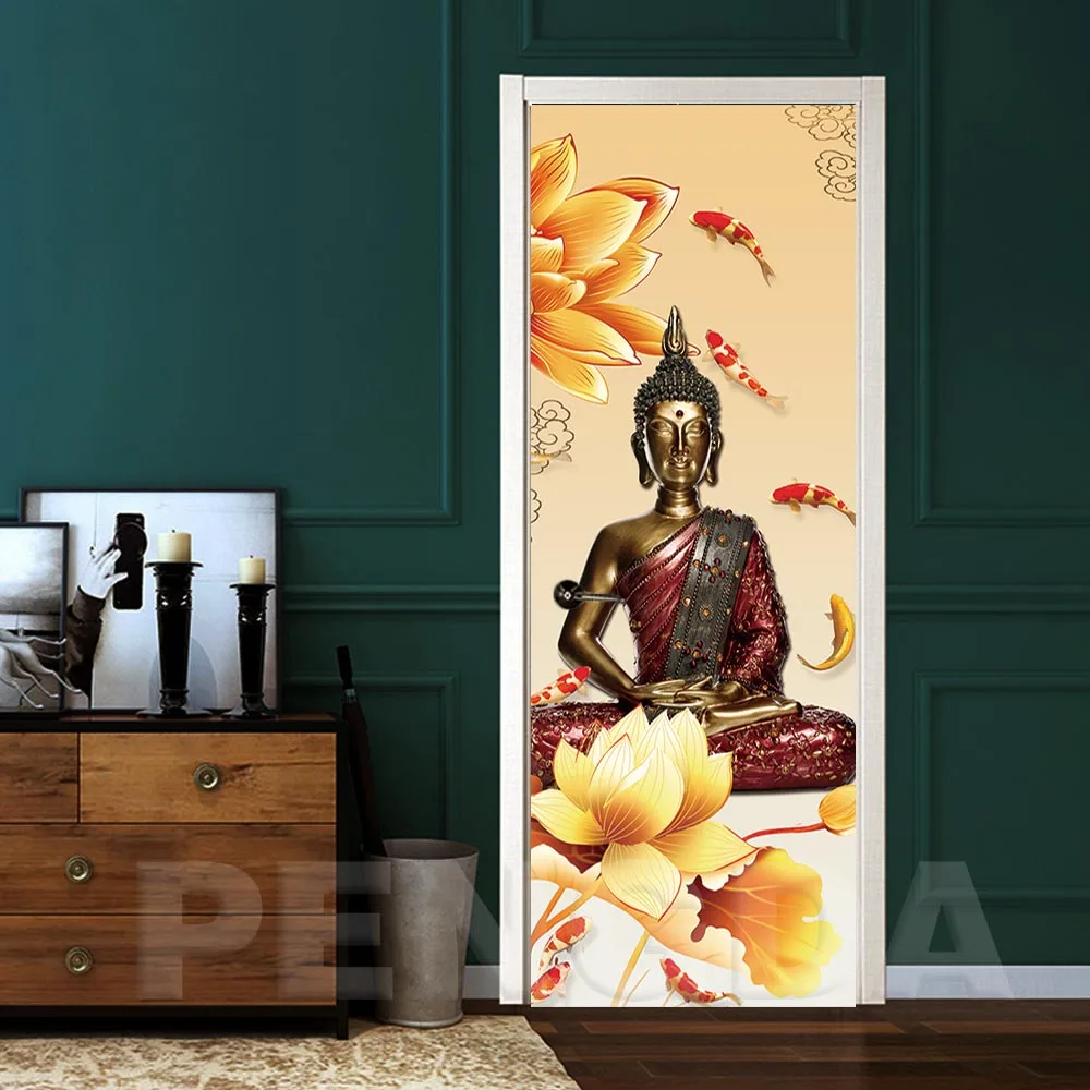 Дверные 3D наклейки ПВХ клейкие обои портретный принт картина будды цветок