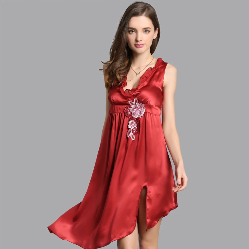 

100% Natural Silk Nightdress Female Sleeveless V-Neck Sling Lingerie Silk Nightgowns Embroidery Sleepwear D33121